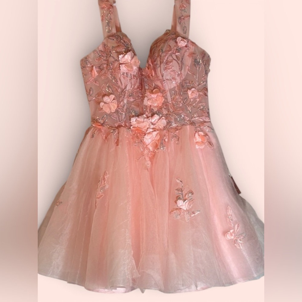 Stacees Blushing Pink 3D Floral Applique Short Homecoming Dress 8 NWT